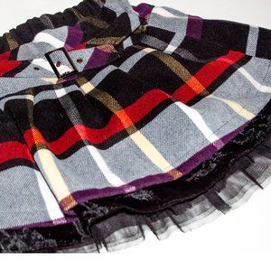 Dark Red Plaid Mini Skirt with Black Tulle